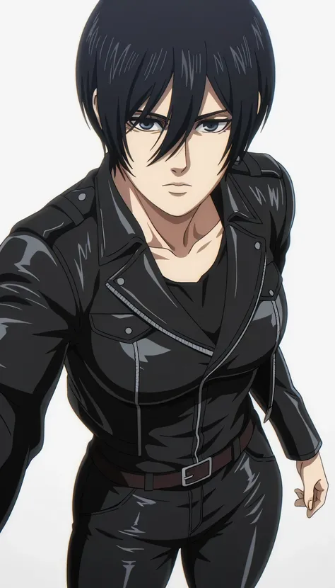 anime coloring, anime screencap, mikasa ackerman, 1girl, solo, short hair, black hair, towards viewer, badass, closed mouth, black sport tank top, , belt on pants only, black pants, standing, cowboy shot, reaching towards viewer,, white background, simple ...