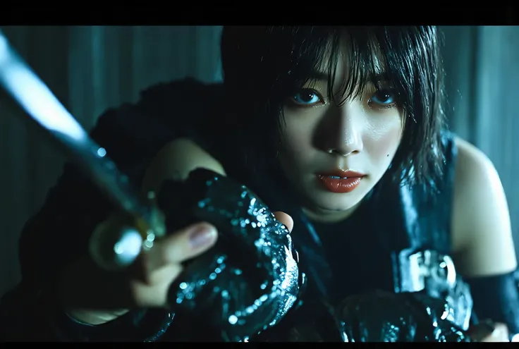 (((inside the dark spaceship Nostromo:2.0))),(((HR Gigger style cyberpunk atmosphere:2.0))),(((Hold a Japanese sword in front of the audience:2.0))),((Point a Japanese sword at the viewer:2.0)),Heroic standing,((full body:2.0)),one woman,(cute face:2.0),(B...