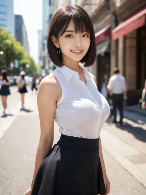 RAW Photos, highest quality, Realistic, Cute Japanese Girl, 女の子1 person, (とてもslim and slender fit muscular body:1.3), ((View Viewer)),(Big smile:1.3), (No people in the background:1.3), Beautiful earrings, Front shot, (Big eyes), (whole bodyショット), Small br...