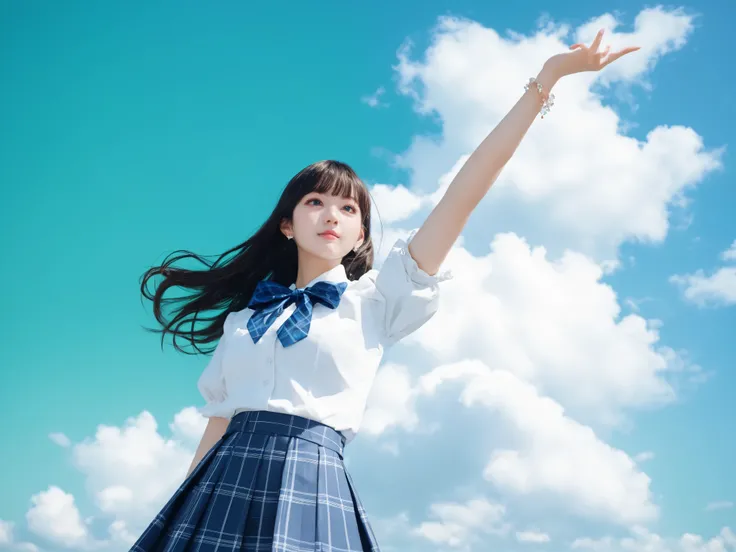 Background green screen. 1 girl. Long straight hair wears a white short-sleeved top with a navy blue ribbon and a blue checked pleated skirt. Her accessories are understated with a delicate bracelet. Her dynamic pose, with one arm raised and the other rela...