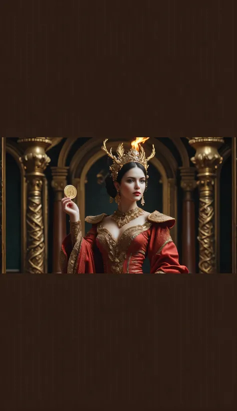 An image Ultra-realistic full-body, high-resolution character that resembles a luxurious woman, adorned with accessories, Jewelry and Ornaments. stands up confidently, with a small flame flickering above her head, symbol of her unique aura. on one hand, sh...