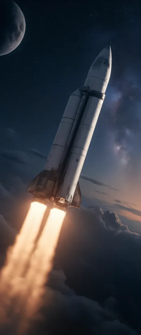 最High Quality、High Quality、Spaceship SpaceX Rocket Crossing the Moon、Night Sky High Definition 8k Wallpaper、View of Earth's Atmosphere in Outer Space、Star and Moon Details、Photorealistic Orientation y、Highly Detailed Atmospheric Scenery、complicated、high de...