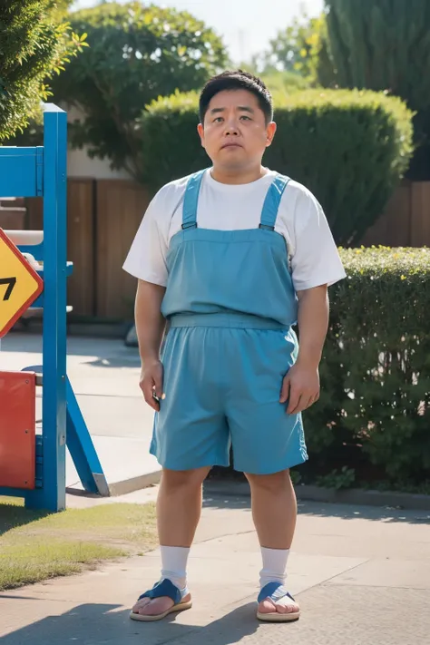 Thick Japan middle-aged man in his 50s, 1man, retarded, Human, Dwarfism, He wears a Light blue Hotpants and kindergarten uniforms, ((peeing self, wetting self, pee stains,)), ((trembling, fear expression, scared, looking at viewer)), kindergarten backgroun...