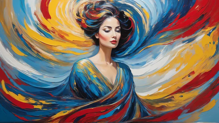 An abstract portrait of a woman composed of swirling brushstrokes and vibrant colors, with textured paint creating a sense of depth and movement. The figure is adorned with flowing garments that blend seamlessly into the background. The color palette is bo...