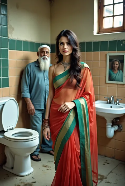 realistic clear photo, stunning beautiful indian woman wearing red transparent saree and bra without blouse inside a dirty shabby toilet with two old muslim men wearing only underwear, broken and dirty tiles on toilet walls and floor, filthy stains on como...