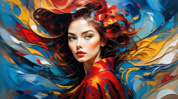 An abstract portrait of a woman composed of swirling brushstrokes and vibrant colors, with textured paint creating a sense of depth and movement. The figure is adorned with flowing garments that blend seamlessly into the background. The color palette is bo...