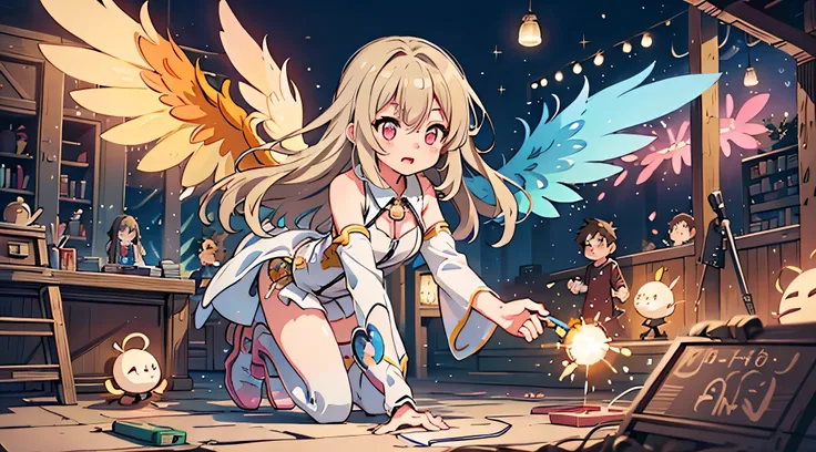 original female Flügel character from No Game No Life universe, full-body, elegant and powerful, long fluffy gradient hair (pink to blonde), golden glowing eyes with slit pupils, large geometric magic wings made of circuits and light, wearing futuristic an...