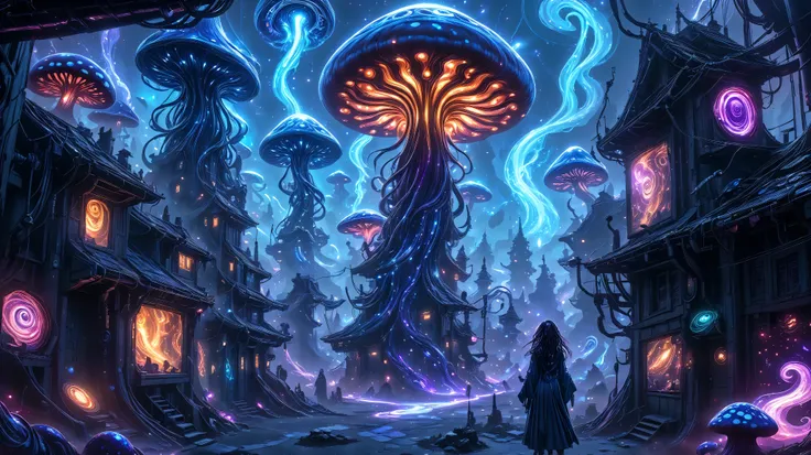 An alien mage conjuring spells with holographic runes in the foreground, with a vibrant alien landscape in the background. The mage takes the form of a woman, with hair in spirals like tentacles and a large robe. She is in a landscape filled with giant bio...
