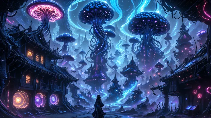 An alien mage conjuring spells with holographic runes in the foreground, with a vibrant alien landscape in the background. The mage takes the form of a woman, with hair in spirals like tentacles and a large robe. She is in a landscape filled with giant bio...