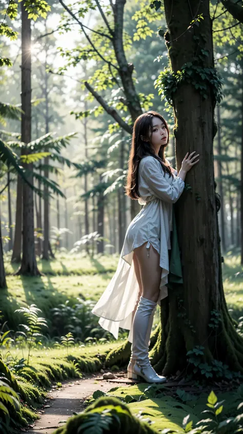 high-resolution image standing on a cloth、 tree 々and seven-colored flowers、 mysterious forest with magical beings hidden in the branches 、 8k、 giant high-quality forest 、 tree 陽漏れ、 a forest believed to be inhabited by fairies、 the gentle morning sun shin...