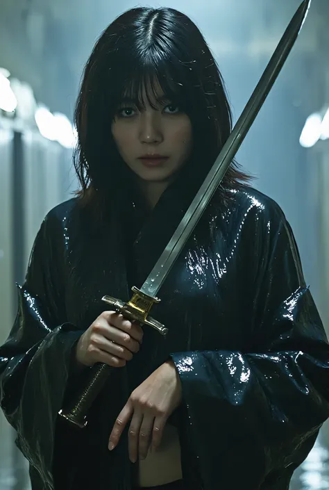 (((Misty dam:2.0))),(((HR Gigger style cyberpunk atmosphere:2.0))),(((holds a cyberpunk-style Japanese sword:2.0))),((Point a Japanese sword at the viewer:2.0)),standing,((full body:2.0)),one woman,(cute face:2.0),(Beautiful well-balanced face :2.0),((long...