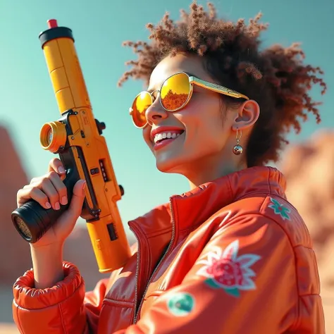 一幅描绘高品质水果武器，（（Side view angle））， wear gold frame reflective sunglasses ，Back to the future weapon， very happy ，Side view angle，full body，Stereo，Octane Rendering，Perfect face，Collagen texture
