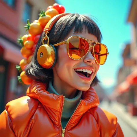一幅描绘高品质水果武器，（（Side view angle））， wear gold frame reflective sunglasses ，Back to the future weapon， very happy ，Side view angle，full body，Stereo，Octane Rendering，Perfect face，Collagen texture
