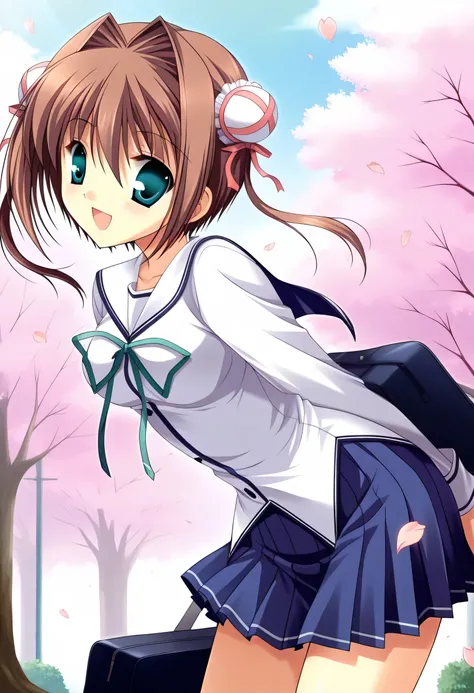 yume,score_9,score_8_up,score_7_up,sauce_anime,1 girl,(small medium breasts),day,close one eye,standing,forward leaning posture,white school uniform,serafuku,long sleeves,blue pleated miniskirt,school bag,tree,cherry blossoms,petals,smile,:d,