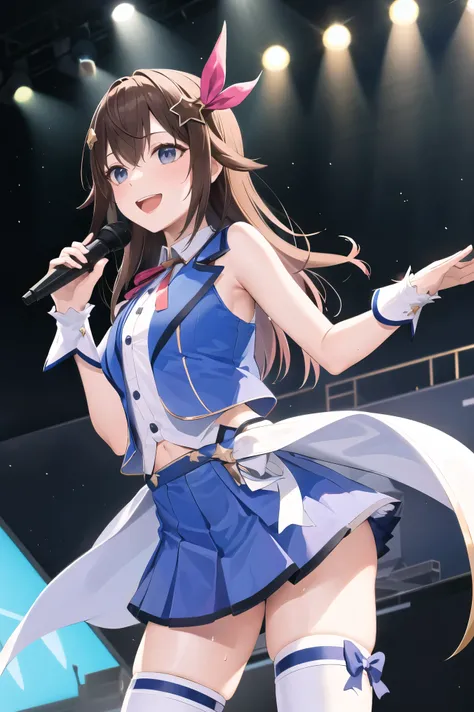 masterpiece, top quality, high resolution, ts1, white shirt, Blue Vest, sleeveless top with p, blue thigh high socks, blue skirt, Waist Cape, wrist cuffs, Reg Ribbon , neck ribbon, superior, chest, cowboy shot, ステージsuperior, has a microphone, reach out, s...