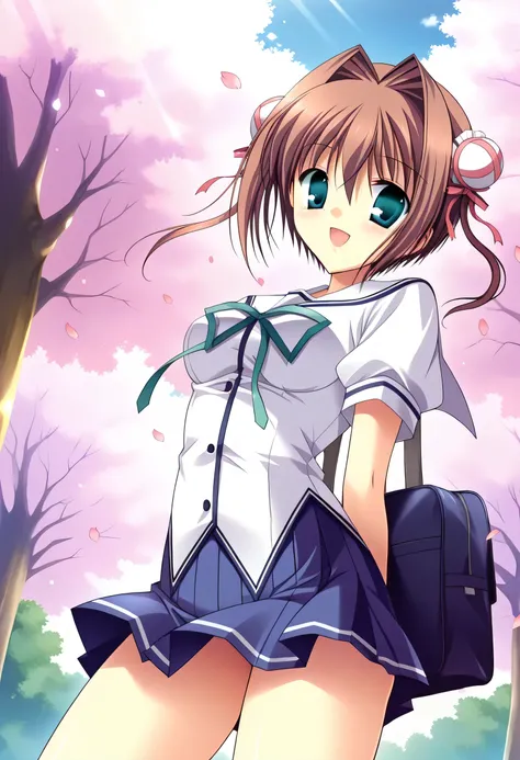 yume,score_9,score_8_up,score_7_up,sauce_anime,1 girl,(small medium breasts),day,close one eye,standing,forward leaning posture,white school uniform,serafuku,short sleeves,blue pleated miniskirt,school bag,tree,cherry blossoms,petals,smile,:d,