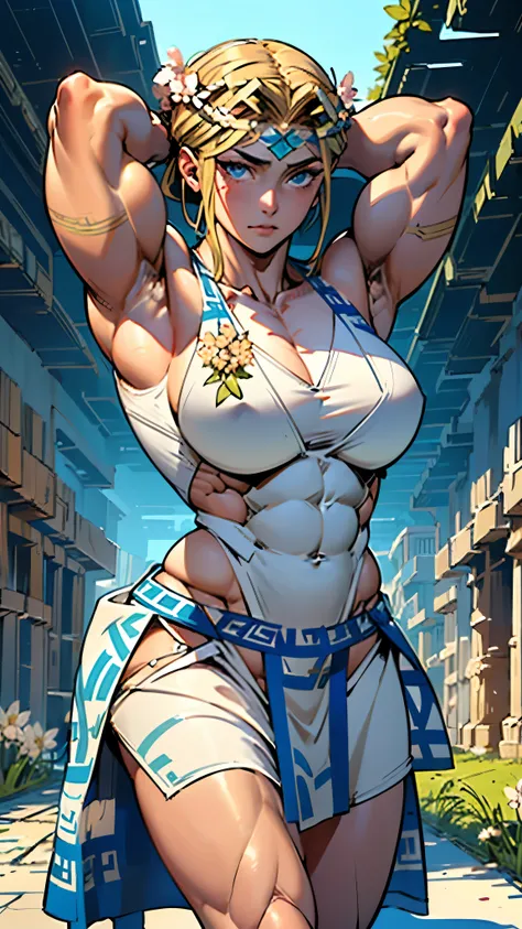 アニメ Badass, serious, (((an ultra mega muscular goddess from Greek mythology in a spring environment):1.8)), (cel-shaded + comics + anime + cartoon + 4k)