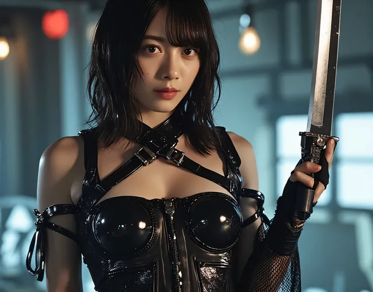 (((Moon base:2.0))),(((HR Gigger style cyberpunk atmosphere:2.0))),(((holds a cyberpunk-style Japanese sword:2.0))),((Point a Japanese sword at the viewer:2.0)),standing,((full body:2.0)),one woman,(cute face:2.0),(Beautiful well-balanced face :2.0),((long...