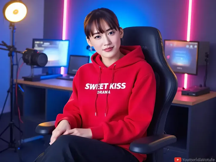 An Chinese Female Actress sitting confidently on a modern gaming chair in his YouTube studio. He is wearing a bright Red hoodie with Sweet Kiss Drama boldly printed on it. His face is clearly visible, while looking directly at the camera. The studio backgr...