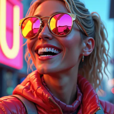 一幅描绘高品质水果武器，（（Side view angle））， wear gold frame reflective sunglasses ，Back to the future weapon， very happy ，Side view angle，full body，Stereo，Octane Rendering，Perfect face，Collagen texture
