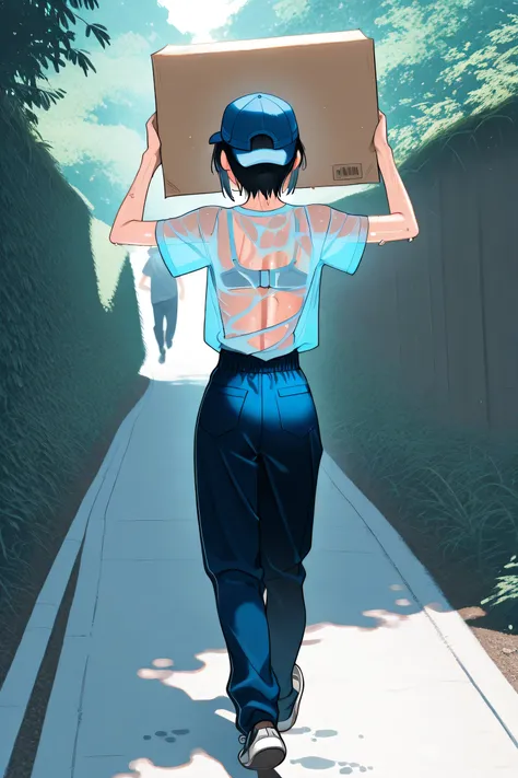 moving workers、(Blue short sleeve shirt)、skinny pants、The underwear line on the buttocks is transparent、Carrying a large cardboard、Blue Cap、(short hair)、Wakai Female、Japanese、sweaty、is running、full body shot、cap and panda、The bra is see-through on the back...