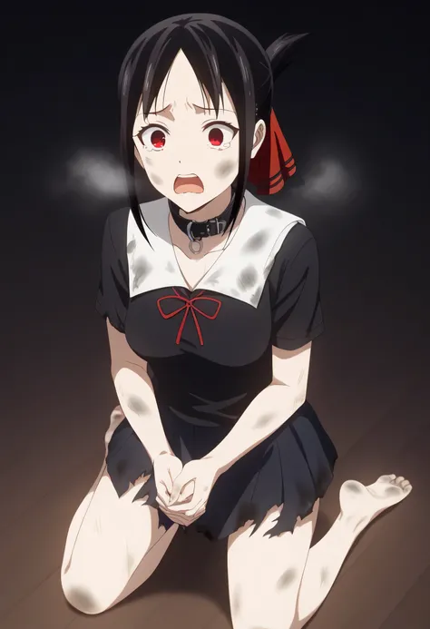 artwork, Top quality, a woman alone,  Kaguya Shinomiya , Love is War, black hair, medium breasts, scared expression, red eyes, stare, black shirt, school skirt, torn and dirty clothes, bare feet, Rollo pet collar, full body, kneeling on the floor,  hands t...