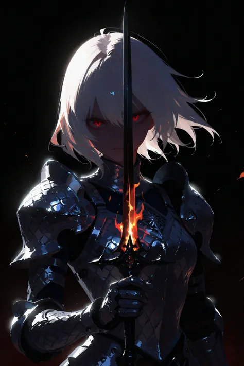 (masterpiece, best quality),solo, beautiful witch who handles flame of sword,the witch\(long white hair,sharp eyes,red eyes,silver metallic snake scale armor\),simple background,[[dark horror essence]], Flame,dynamic scene,cinematic light,shading and contr...