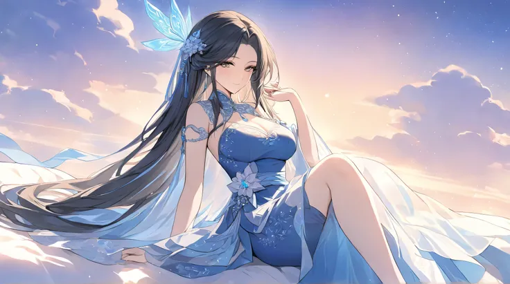 Masterpiece, Best Quality, Top Quality, Very Detailed, 1 girl, A celestial anime beauty lounges on a cloud-like bed, her deep blue cheongsam sparkling with enchanted silver floral designs. Her raven-black hair flows around her like silk, interwoven with gl...