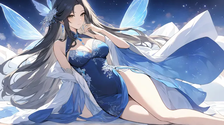 Masterpiece, Best Quality, Top Quality, Very Detailed, 1 girl, A celestial anime beauty lounges on a cloud-like bed, her deep blue cheongsam sparkling with enchanted silver floral designs. Her raven-black hair flows around her like silk, interwoven with gl...