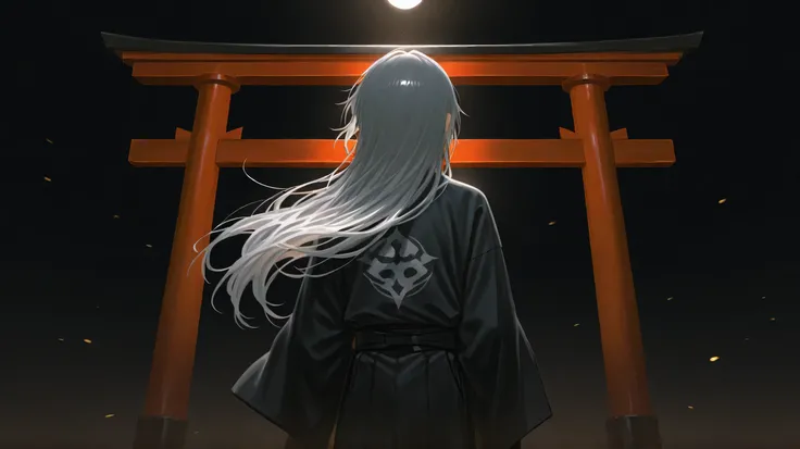 Beautiful boy with gray hair、Draw a back view、 wearing black Japanese clothes。((((Underexpose Lighting)))))、Subtle yet dramatic lighting effects,dark atmosphere,best quality,Superb product、Black background 。long hair、solo。foggy white background。is about to...