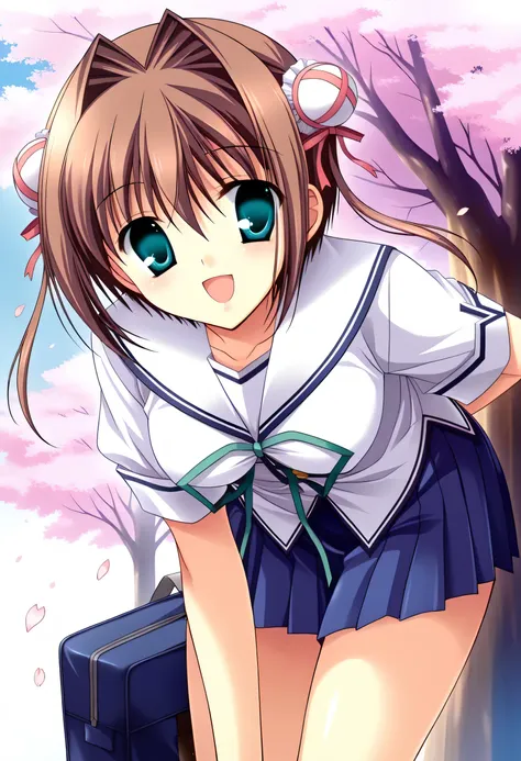 yume,score_9,score_8_up,score_7_up,sauce_anime,1 girl,(small medium breasts),day,close one eye,standing,forward leaning posture,white school uniform,serafuku,short sleeves,blue pleated miniskirt,school bag,tree,cherry blossoms,petals,smile,:d,