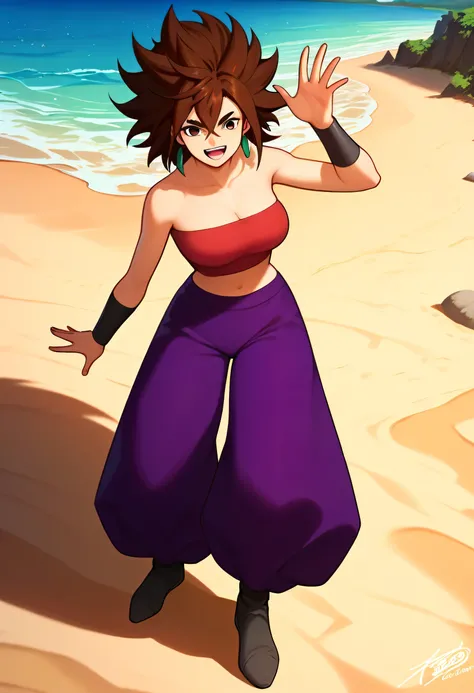 score_9, score_8_up , score_7_up , score_6_up ,source_anime, 1girl , Alone,
KYOMOMO, brown hair, brown eyes, medium hair, hair between eyes, thick eyebrows, earrings, large breasts, tube top, purple pants, bracers, shoes
standing,happy, looking at viewe...