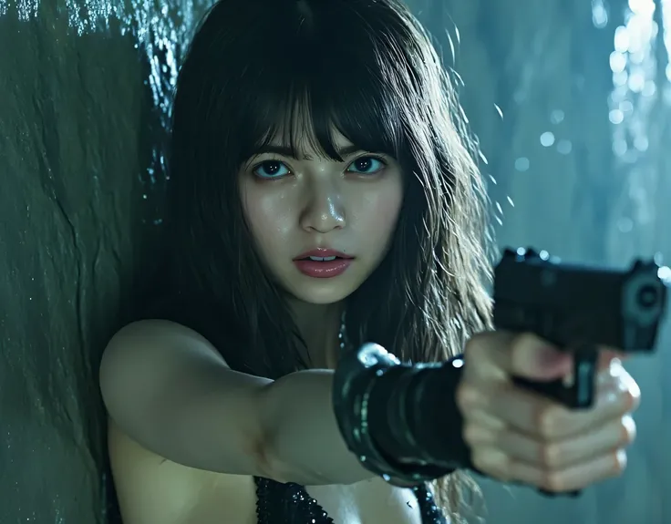 (((On the rocky surface of the moon:2.0))),(((HR Gigger style cyberpunk atmosphere:2.0))),(((Hold a cyberpunk-style pistol:2.0))),(( pointing a muzzle at the viewer :2.0)),standing,((full body:2.0)),one woman,(cute face:2.0),(Beautiful well-balanced face :...