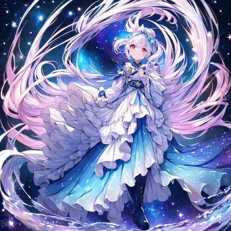 score_9,score_8,svore_7,BEST DETAILS、1gir, pretty face、Baby Face、((( best composition、top quality、greatest masterpiece、Super Detail、high definition、perfect anatomy)))、starの妖精、(((Milky white and blue gradient hair color)))、(((universe柄のゴスロリ着物:1.4)))、Long Sl...