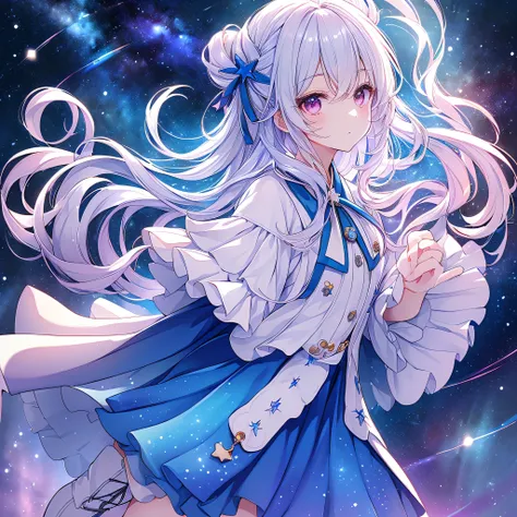 score_9,score_8,svore_7,BEST DETAILS、1gir, pretty face、Baby Face、((( best composition、top quality、greatest masterpiece、Super Detail、high definition、perfect anatomy)))、starの妖精、(((Milky white and blue gradient hair color)))、(((universe柄のゴスロリ着物:1.4)))、Long Sl...