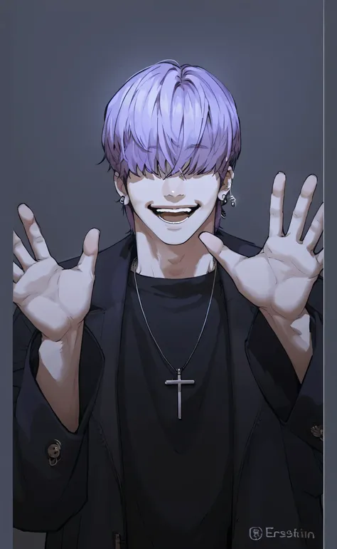 1male, solo,purple hair,hair over eye,earringsr,portrait,smile,open mouth,cute,lookism_style,