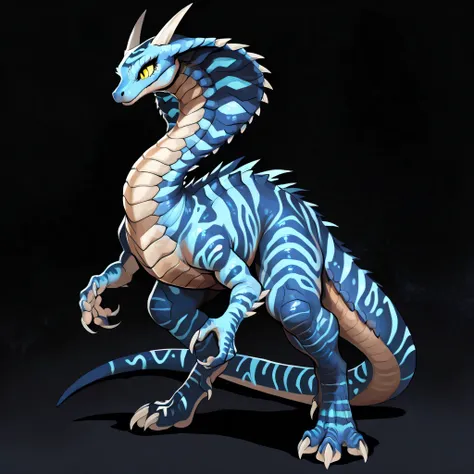 masterpiece, best quality, anime shading, full body picture, centered, vertigo, female, dinosaur, (cobra), claws, (horns), yellow eyes, overlapping chest scales, dark blue scaled body, blue striped body, digitigrade legs, dark background
