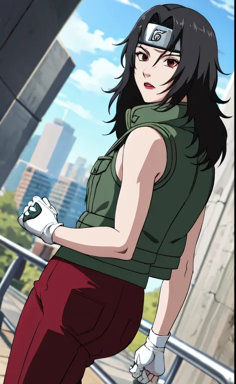 outdoors, lens flare, depth of field, bokeh, vanishing point, solo, looking at viewer,((masterpiece, best quality)), BREAK 
GreenJacket_KurenaiYuhi_ownwaifu,
1girl, black hair, forehead protector, long hair, konohagakure symbol, red eyes, headband, makeup,...