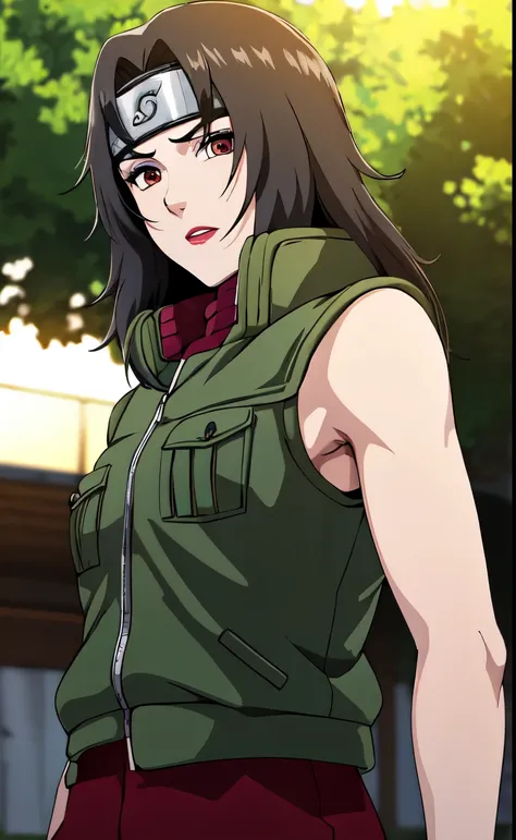 outdoors, lens flare, depth of field, bokeh, vanishing point, solo, looking at viewer,((masterpiece, best quality)), BREAK 
GreenJacket_KurenaiYuhi_ownwaifu,
1girl, black hair, forehead protector, long hair, konohagakure symbol, red eyes, headband, makeup,...