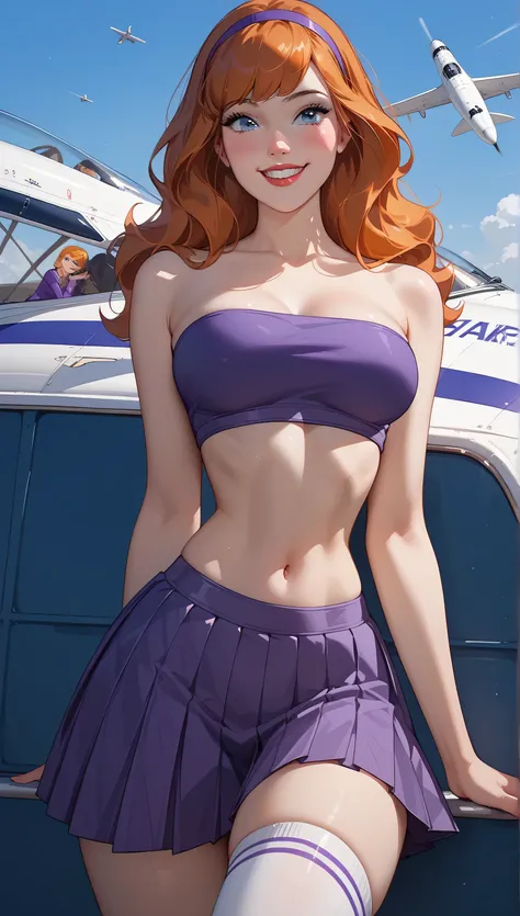  a girl, (20 years)  Dafne Blake , (blue eyes:1.1),  orange hair, long hair, blush, ( young), (beautiful), perfect body, (curvilinear), (big breasts), ( thick thighs ),  slim waist
,
 purple tube top ,  pleated skirt , purple miniskirt,  midriff, white kne...