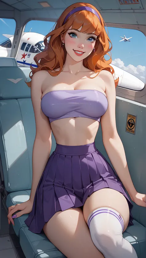  a girl, (20 years)  Dafne Blake , (blue eyes:1.1),  orange hair, long hair, blush, ( young), (beautiful), perfect body, (curvilinear), (big breasts), ( thick thighs ),  slim waist
,
 purple tube top ,  pleated skirt , purple miniskirt,  midriff, white kne...