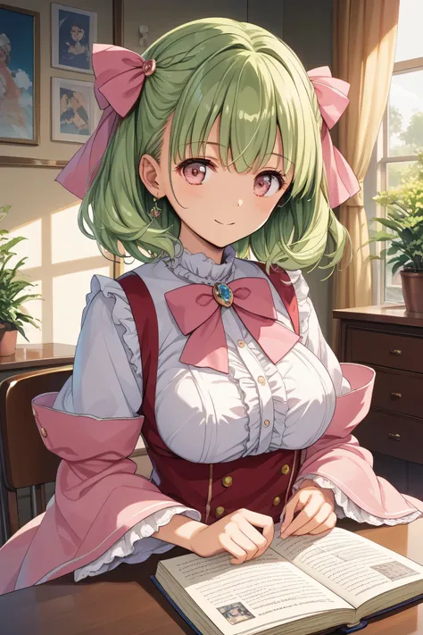   masterpiece,amazing quality,best quality,ultra-detailed,8K,illustration,CG,1girl , green hair, ツインテール,pink ribbon,笑顔,large bust,ピンクのラインが入った白いセーラー服,白のミニスカ, pink eyes,太もも,白のハイヒール