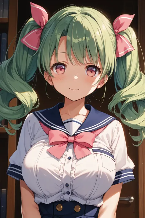   masterpiece,amazing quality,best quality,ultra-detailed,8K,illustration,CG,1cute girl , green hair, twin tails,pink ribbon,笑顔,large bust,ピンクのラインが入った白いsailor suit,白のミニスカ, pink eyes,太もも,白のハイヒール,large breasts