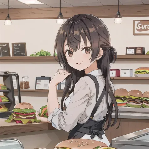 She is a cheerful girl working behind the counter at a cozy burger shop. She is wearing a cute burger shop uniform and smiling warmly at the customers. The background shows a bright and clean fast food counter with menu boards. Long hair, dark hair, brown ...