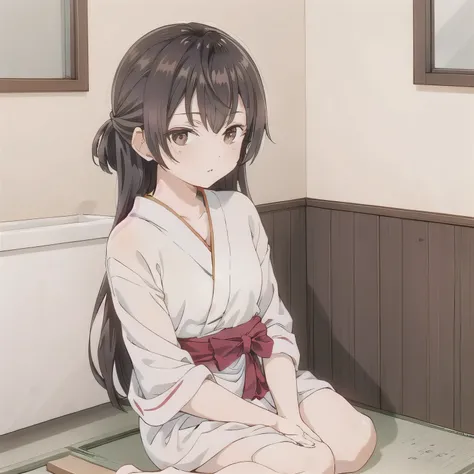 A beautiful woman in a A narrow, compact Japanese bathroom, with tiled walls, a small bathtub, and a wooden stool beside it. Steam fills the room., sitting in seiza style , politely waiting to greet someone.The character is wrapped in a towel around the bo...