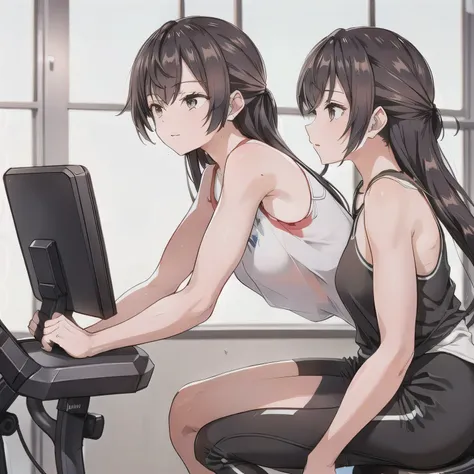 A fitness gym, a person training on a stationary bike, side view, bright morning sunlight through large windows.  Long hair, dark hair, brown eyes.