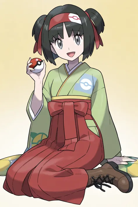 Erika_(pokemon), 1girl, solo, bob_cut, short_hair, black_hair, hair_ornament, straight_hair, blunt_bangs, blunt_ends, two_side_up, hair_ribbon, red_ribbon, alternate_hairstyle, hairband, red_hairband, grey_eyes, eyelashes, kimono, green_kimono, hakama, red...