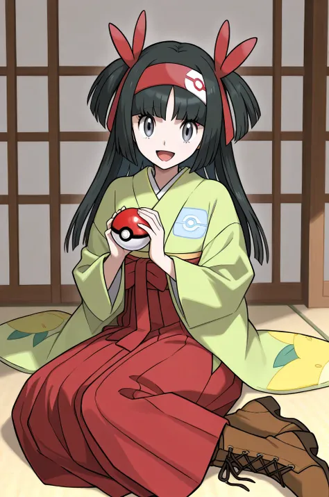 Erika_(pokemon), 1girl, solo, black_hair, hair_ornament, straight_hair, blunt_bangs, blunt_ends, two_side_up, hair_ribbon, red_ribbon, alternate_hairstyle, hairband, red_hairband, grey_eyes, eyelashes, kimono, green_kimono, hakama, red_hakama, hakama_skirt...