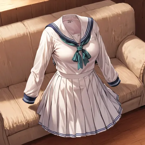(invisible:1.5, no humans:1.5, headless:1.5, faceless:1.5), (sailor school uniform, long sleeve, on sofa:1.2), (big breast), detailed cloth texture, detailed anime, super fine illustration