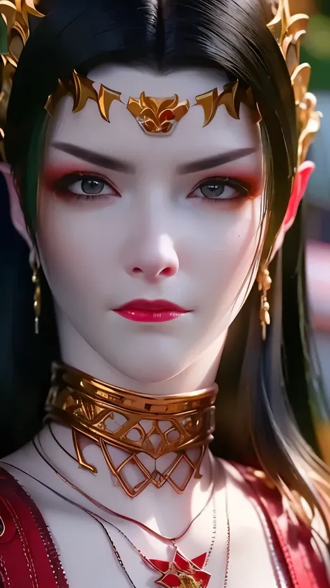 (RAW photo:1.2), (photorealistic:1.4),(intricate details:1.2),(masterpiece:1.3),(best quality:1.4), (ultra highres:1.2),1girl, solo, jewelry, earrings, pointy_ears, necklace, looking at viewer pose, red ornamental clothes, background : a garden with flutte...